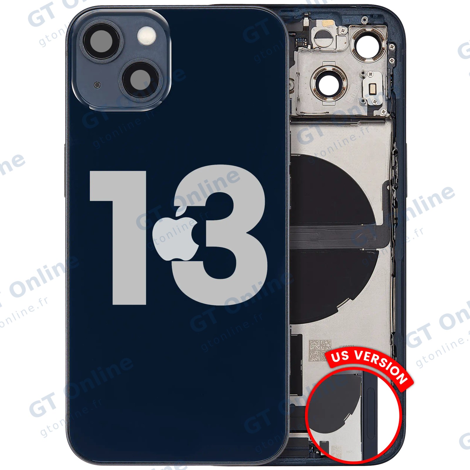 Châssis pour Apple iPhone 13 (version US, origine d'occasion — grade A, minuit) — Coque arrière avec connecteur de charge Flex et petites pièces