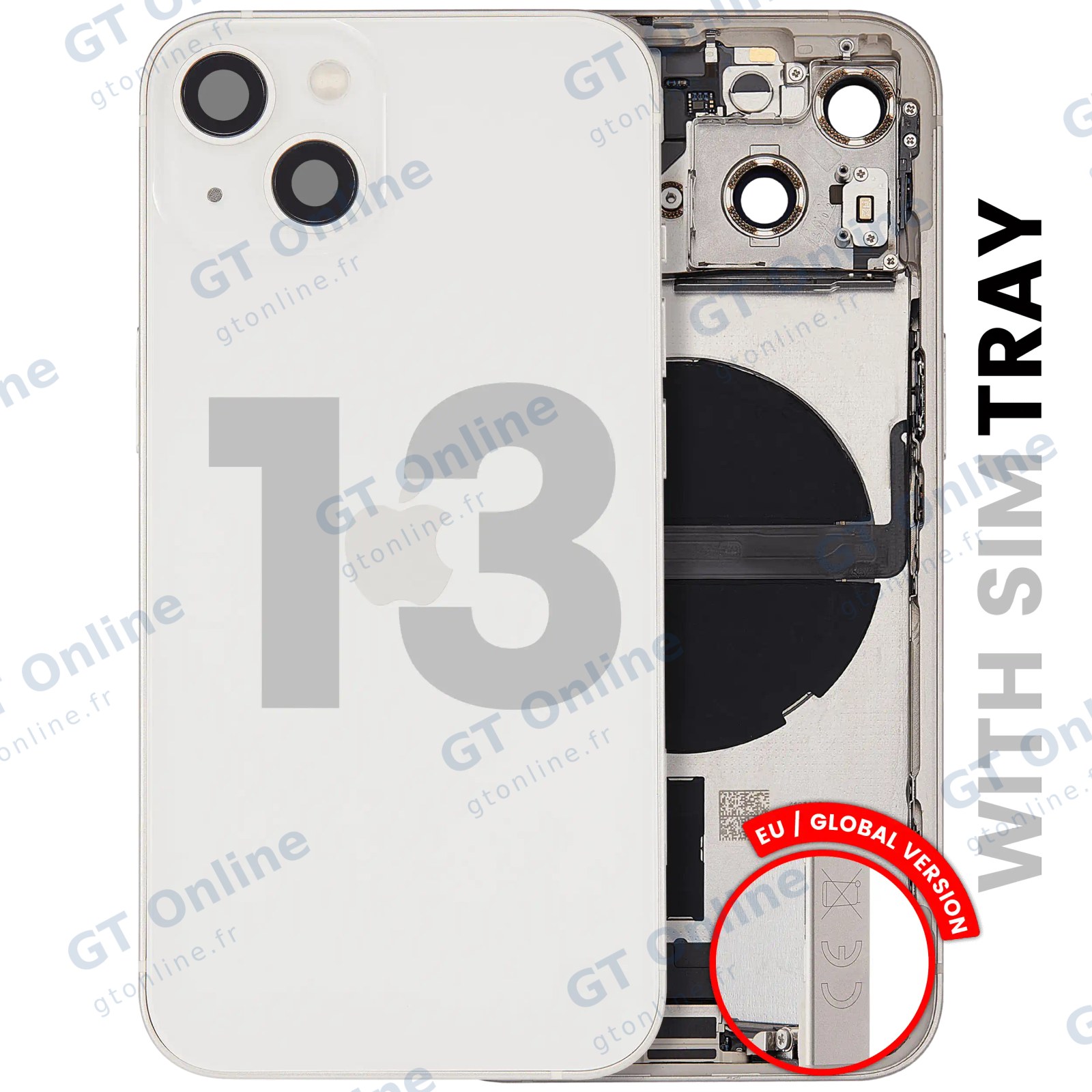 Châssis pour Apple iPhone 13 (version EU, origine d'occasion — grade B, lumière stellaire) — Coque arrière avec connecteur de charge Flex et petites pièces