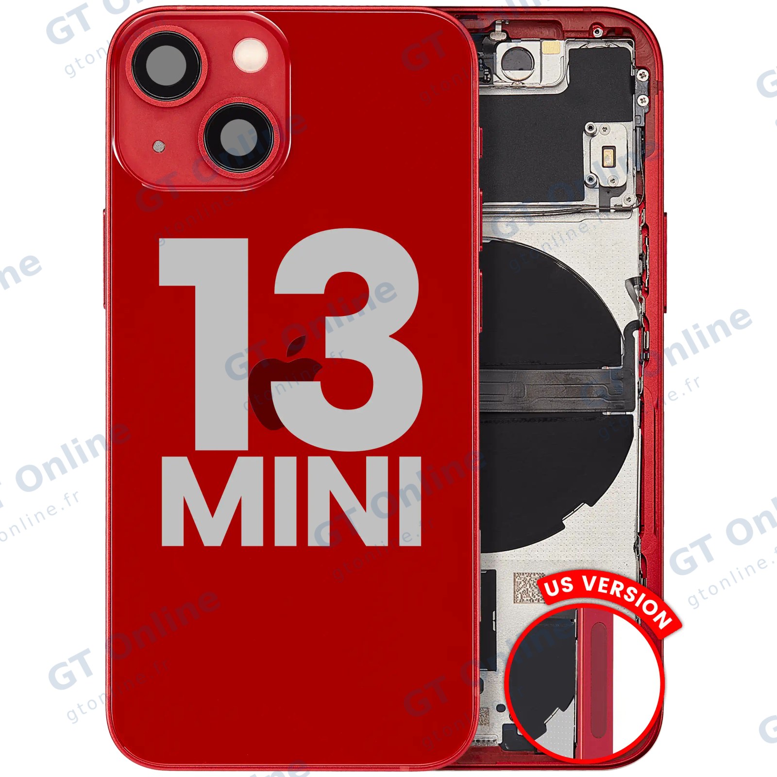 Châssis pour Apple iPhone 13 Mini (version US, origine d'occasion — grade B, rouge) — Coque arrière avec petites pièces