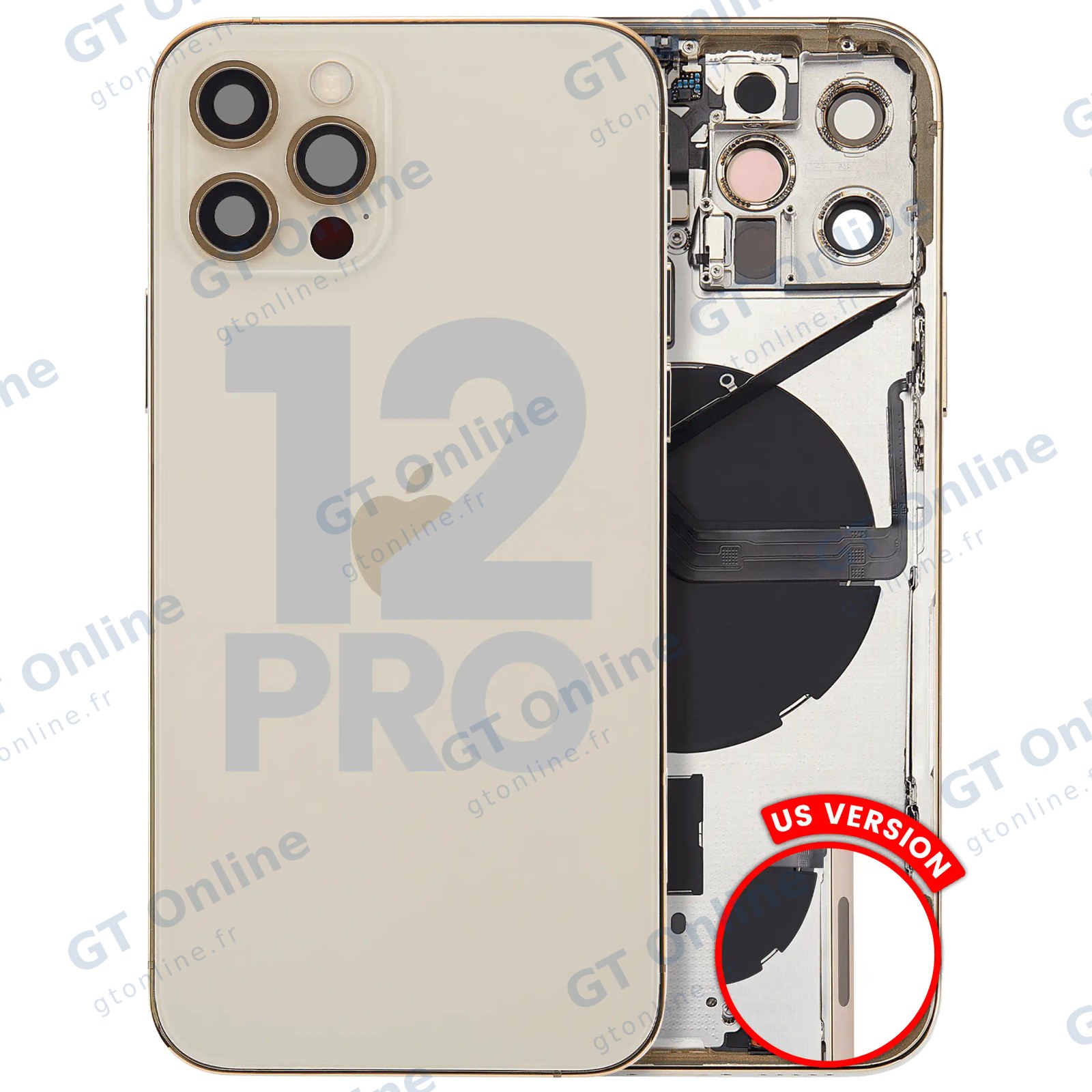 Châssis pour Apple iPhone 12 Pro (version US, origine d'occasion — grade A, or) — Coque arrière avec petites pièces