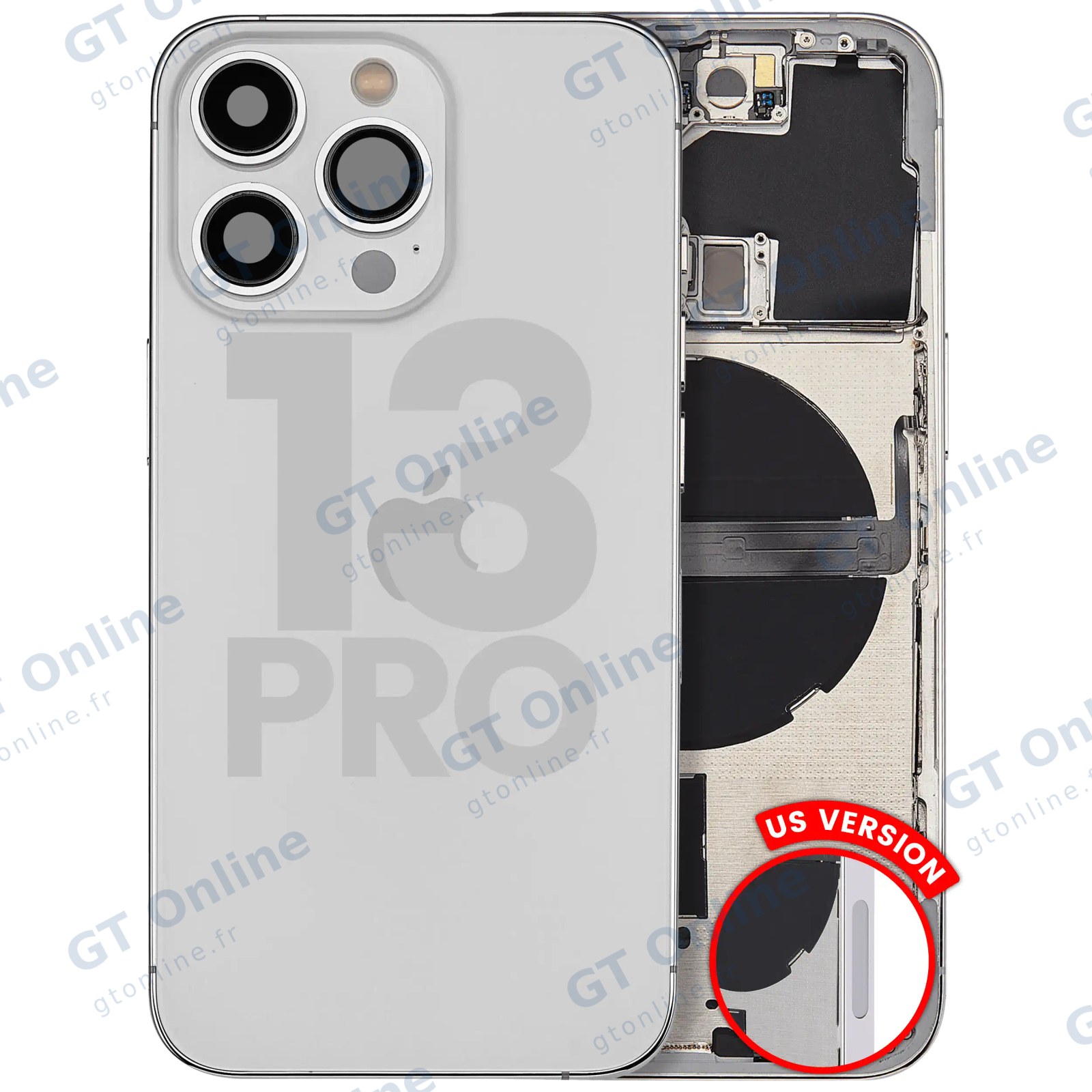 Châssis pour Apple iPhone 13 Pro (version US, origine d'occasion — grade A, argent) — Coque arrière avec petites pièces