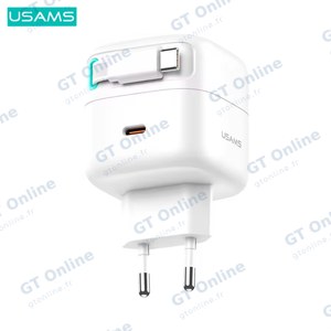Chargeur Secteur GaN Usams US-CC202 Type-C 35W (avec Câble Rétractable Type-C) Blanc