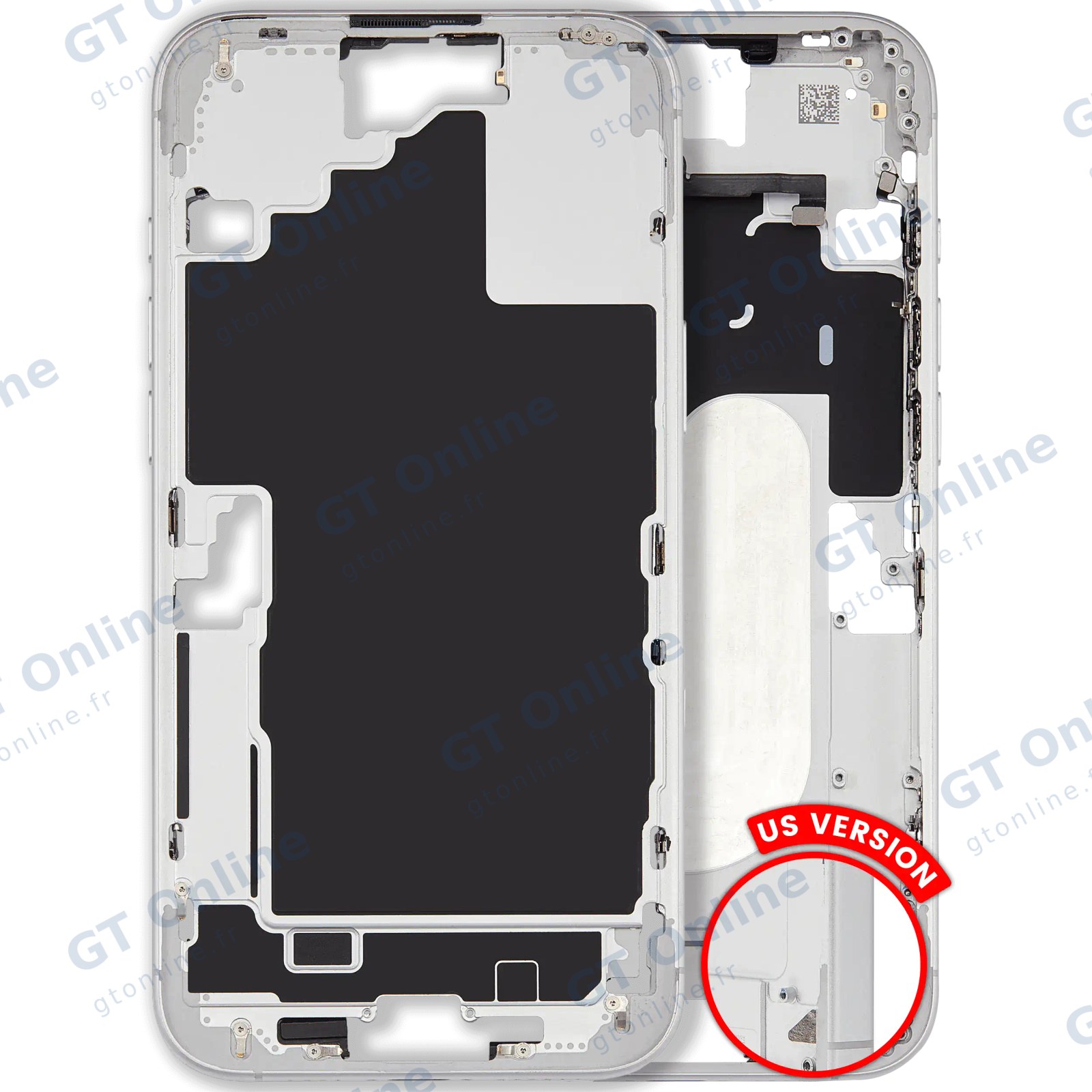 Châssis pour Apple iPhone 16 Plus (version US, origine d'occasion — grade B, blanc) — Châssis central avec petites pièces