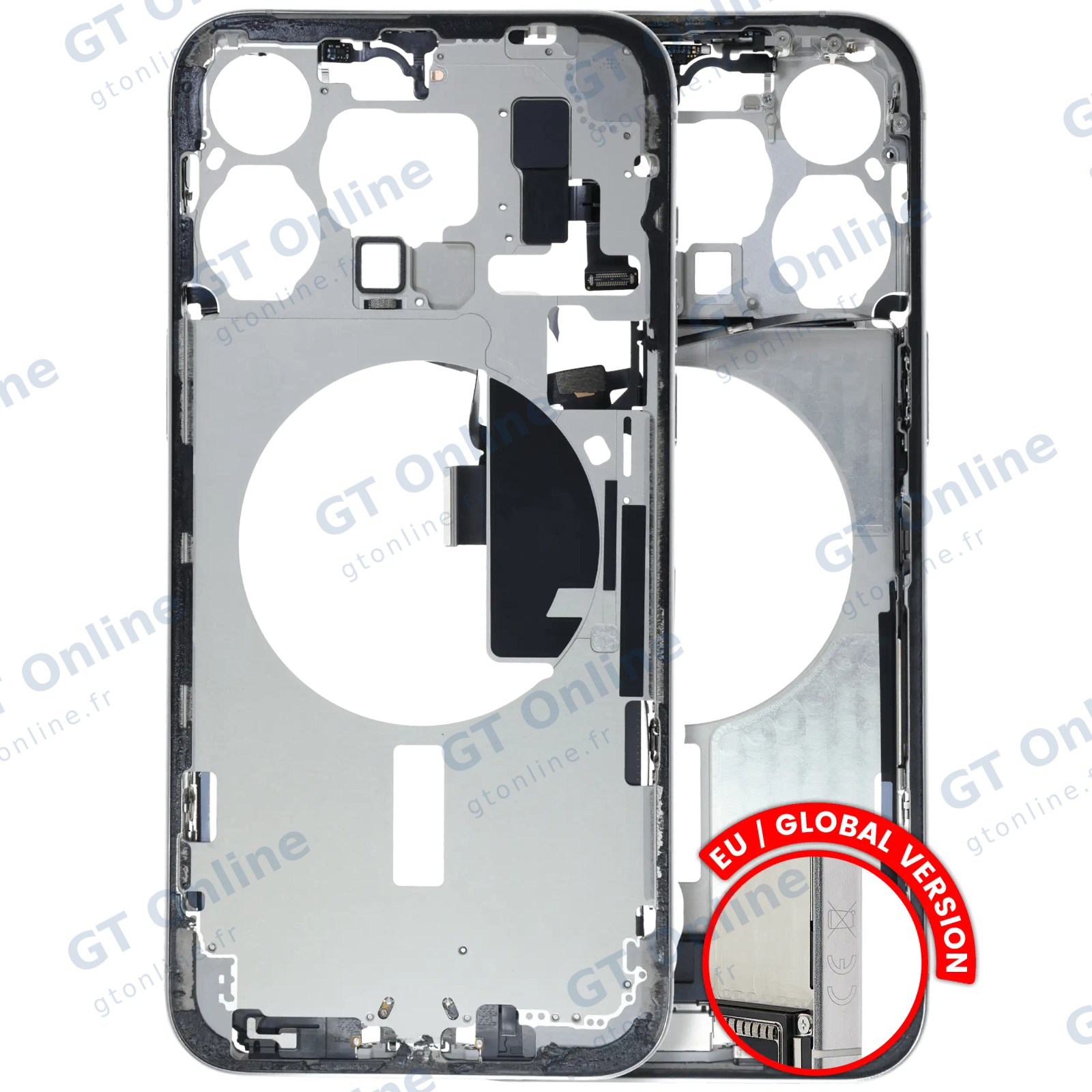 Châssis pour Apple iPhone 15 Pro Max (version EU, origine d'occasion — grade B, White Titanium) — Châssis central avec connecteur de charge Flex et petites pièces
