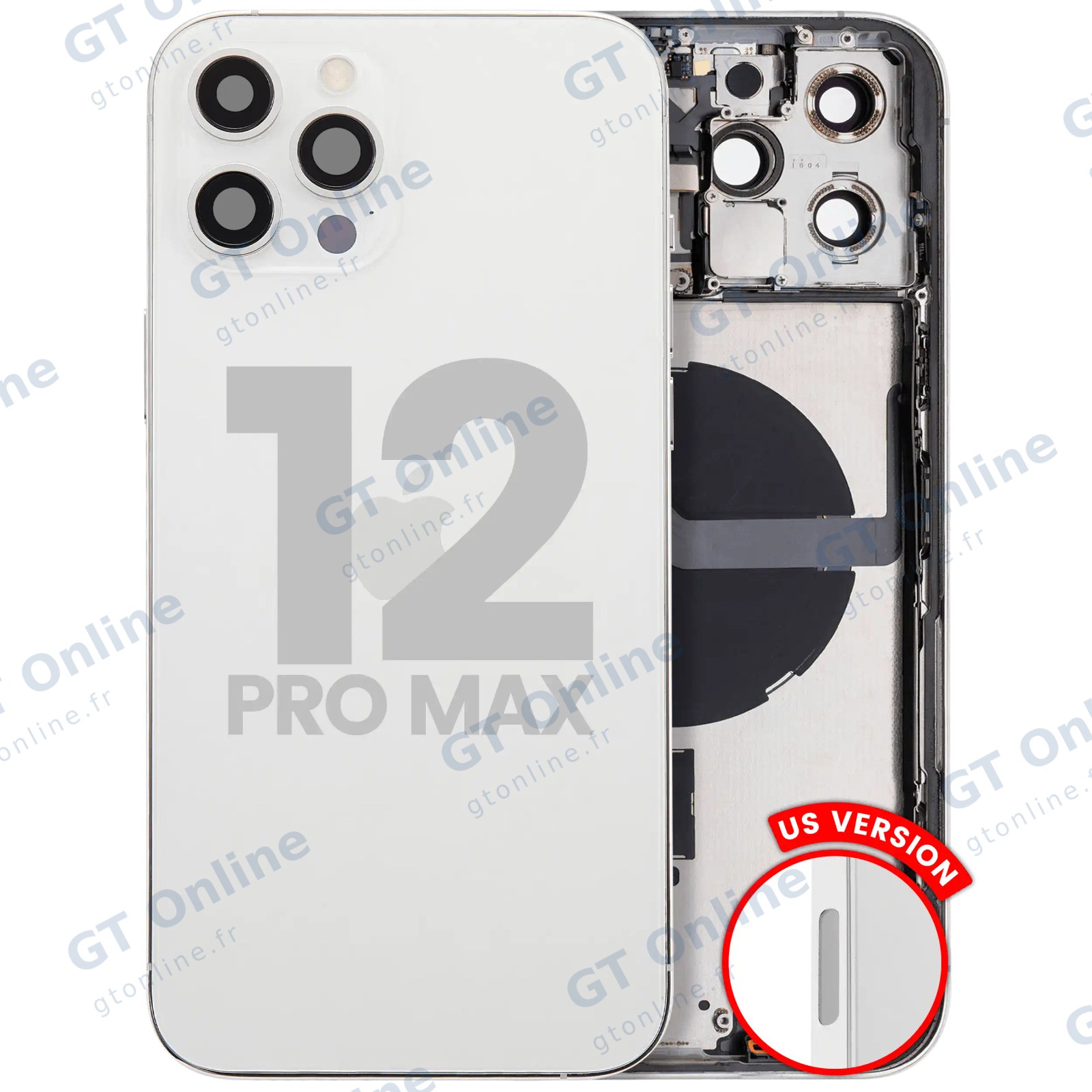 Châssis pour Apple iPhone 12 Pro Max (version US, origine d'occasion — grade B, argent) — Coque arrière avec petites pièces