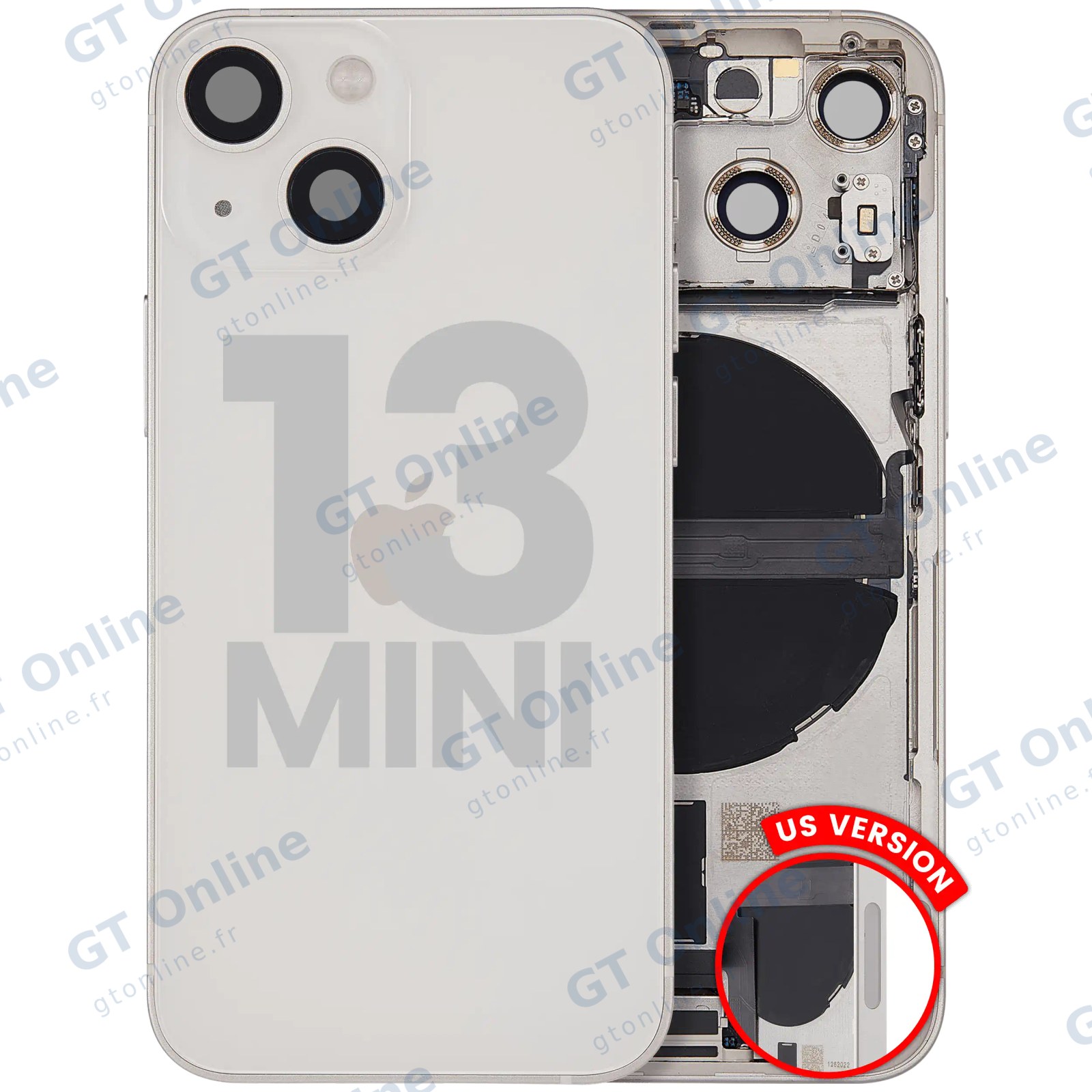 Châssis avec nappe de charge et petits composants pour Apple iPhone 13 Mini (version US, origine d'occasion — grade A, lumière stellaire) — vue 1