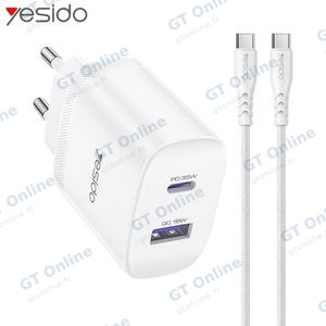 Chargeur Secteur Multi Yesido YC108 USB + USB-C 35W avec Câble USB-C vers USB-C Blanc