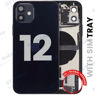 Châssis pour Apple iPhone 12 (version EU, origine d'occasion — grade B, noir) — Coque arrière avec connecteur de charge Flex et petites pièces