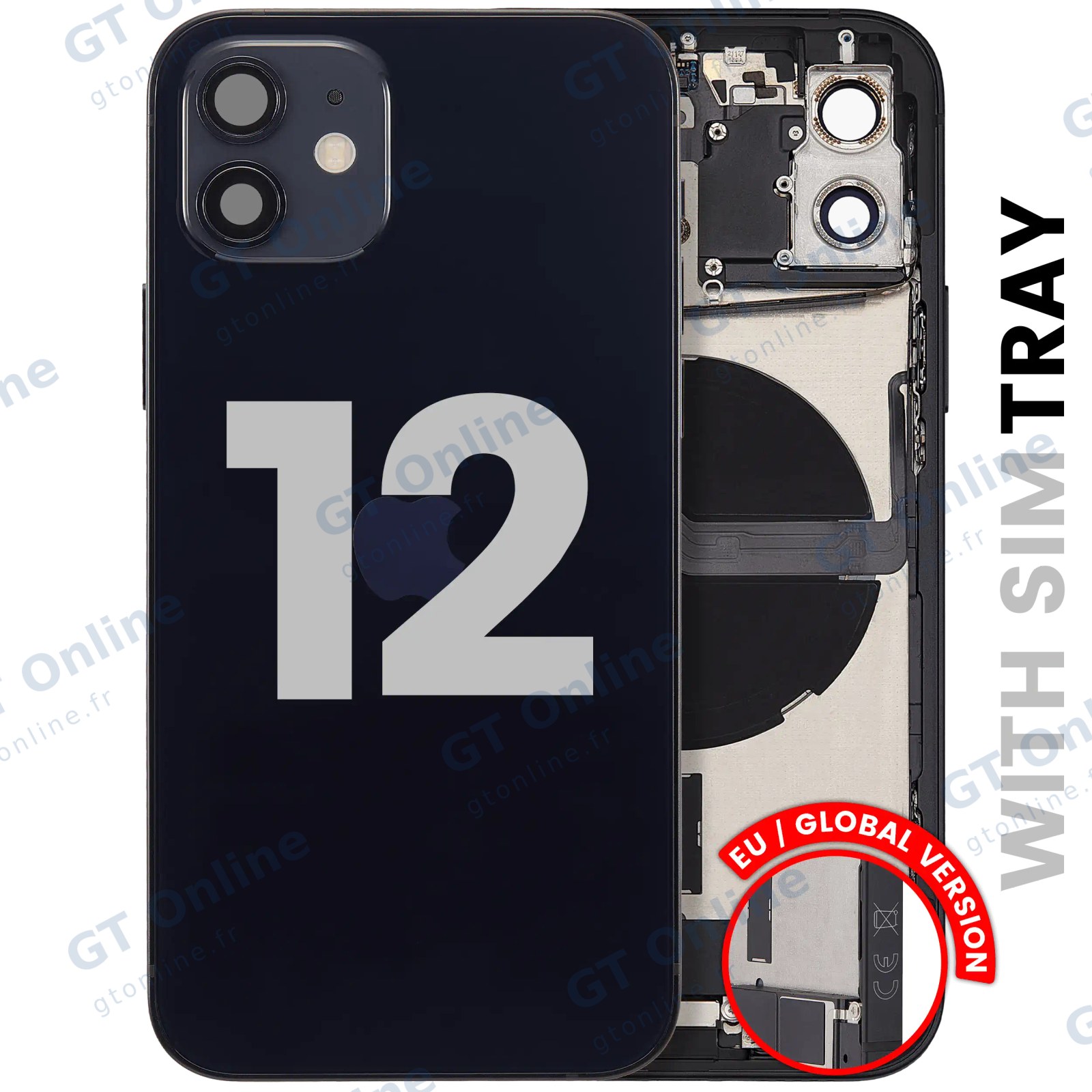 Châssis pour Apple iPhone 12 (version EU, origine d'occasion — grade B, noir) — Coque arrière avec connecteur de charge Flex et petites pièces