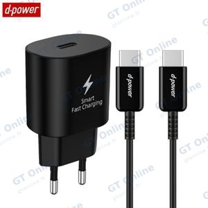 Chargeur Secteur USB-C d-power J8548B Charge Rapide 25W avec Câble Data Type-C vers Type-C Noir