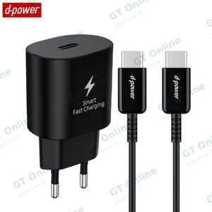 Chargeur Secteur USB-C d-power J8548B Charge Rapide 25W avec Câble Data Type-C vers Type-C Noir