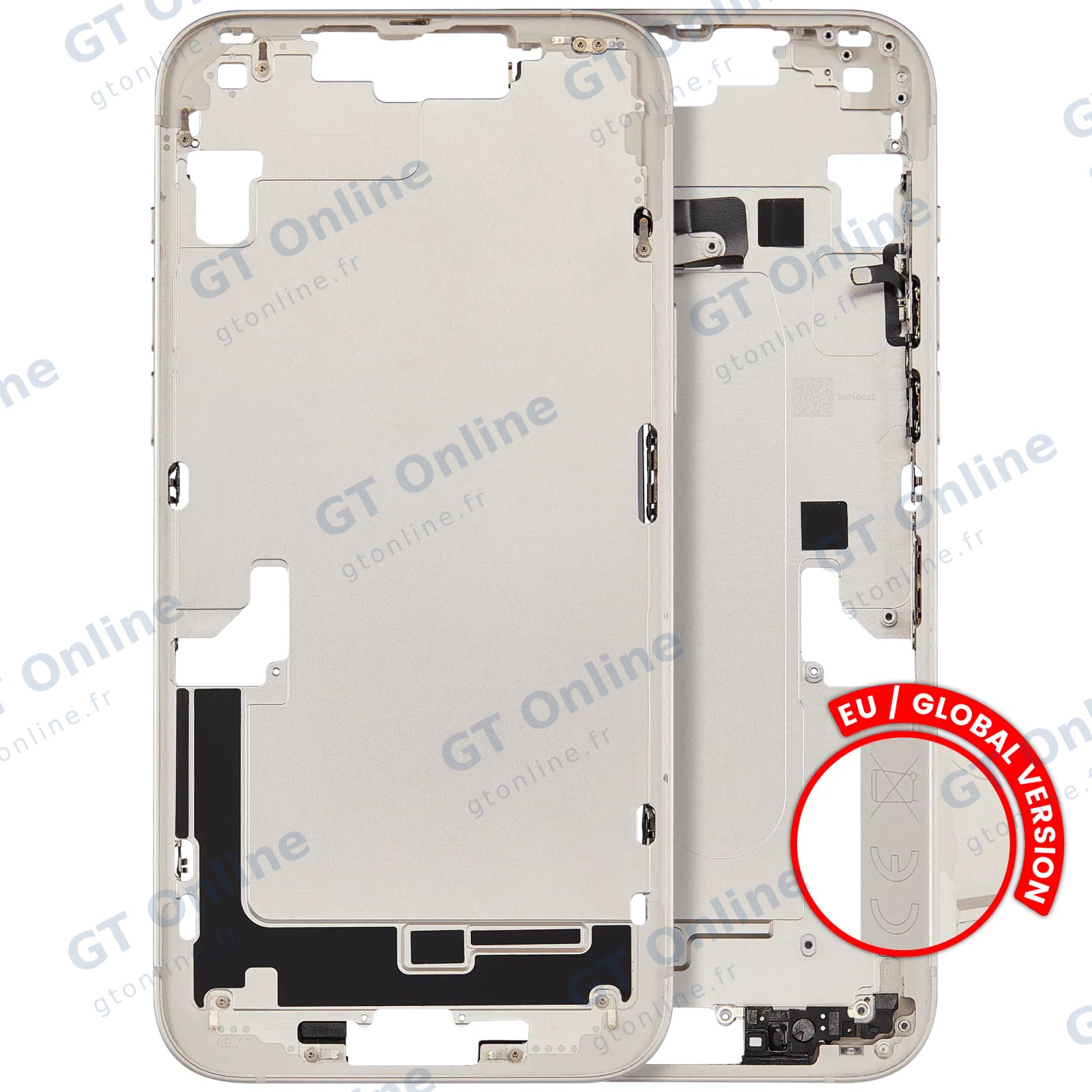 Châssis pour Apple iPhone 14 Plus (version EU, origine d'occasion — grade B, lumière stellaire) — Châssis central avec connecteur de charge Flex et petites pièces