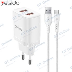 Chargeur Secteur Multi Yesido 12W YC104 2x USB-A avec Câble USB-A vers USB-C Blanc