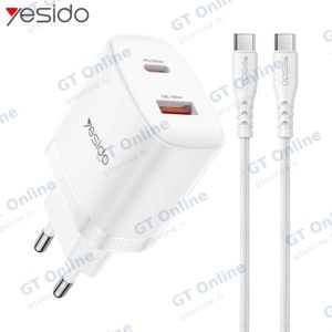 Chargeur Secteur Multi Yesido YC106 USB + USB-C 20W avec Câble USB-C vers USB-C Blanc