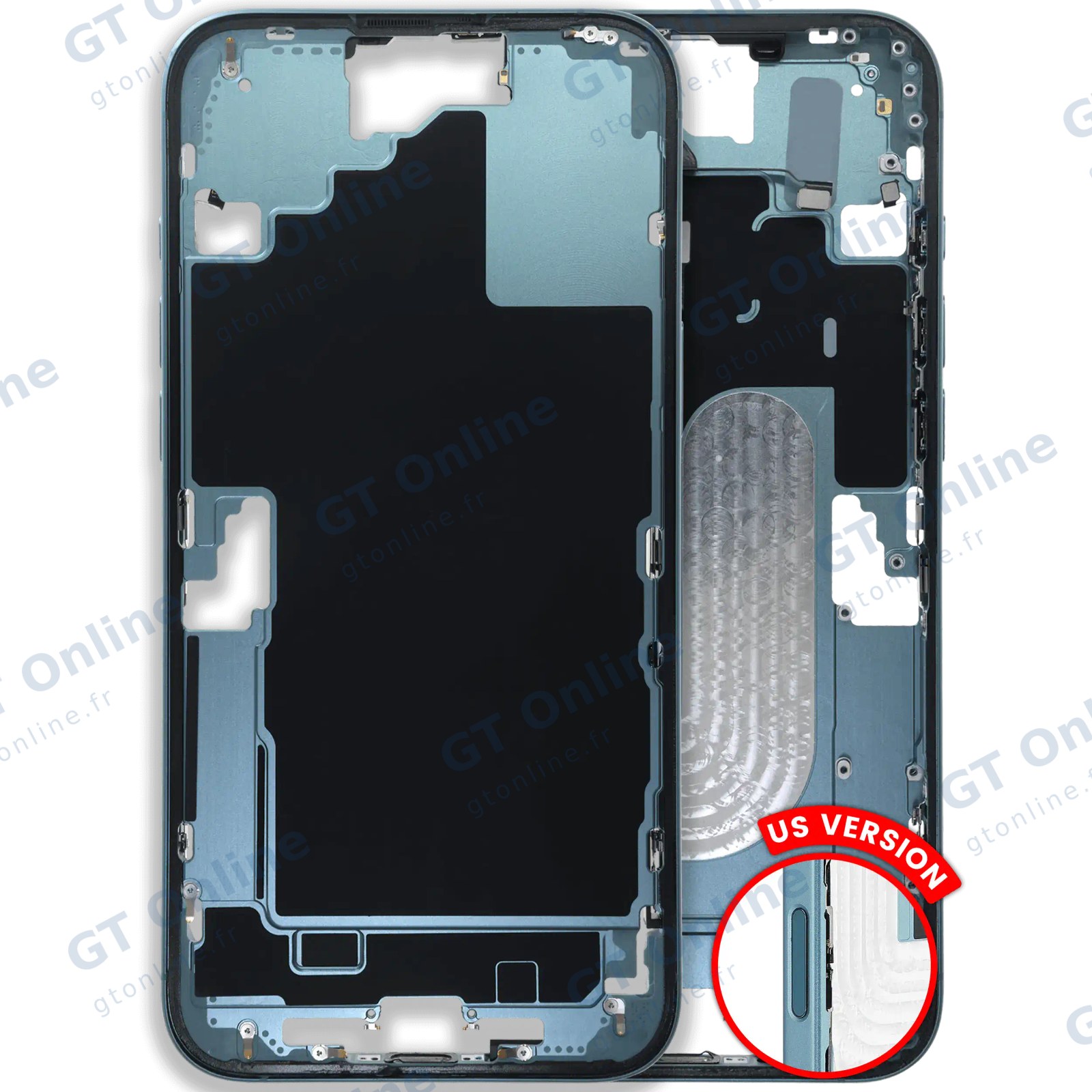 Châssis pour Apple iPhone 16 Plus (version US, origine d'occasion — grade B, turquoise) — Châssis central avec petites pièces