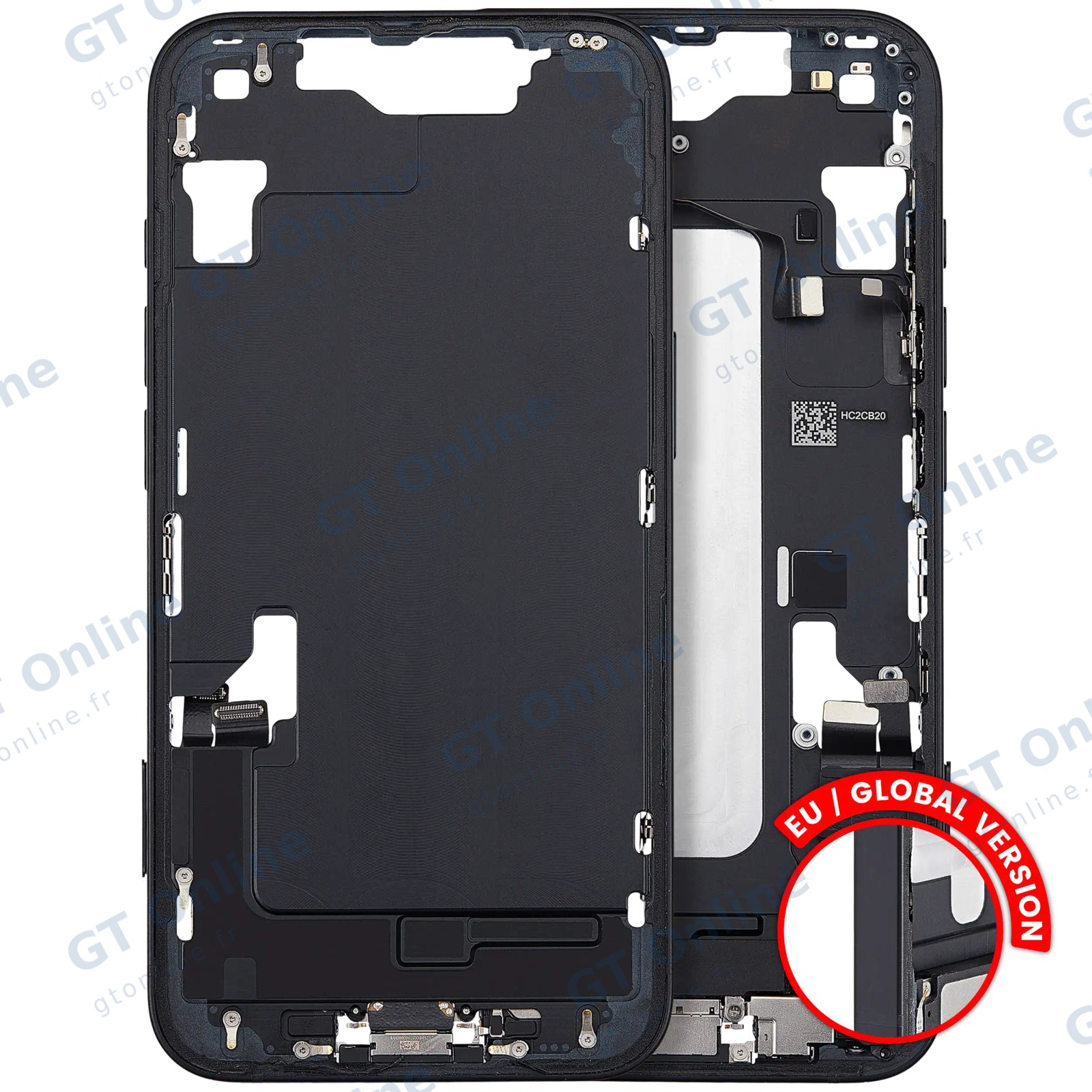 Châssis pour Apple iPhone 16e / 17e (version EU, origine d'occasion — grade A, noir) — Châssis central avec connecteur de charge Flex et petites pièces