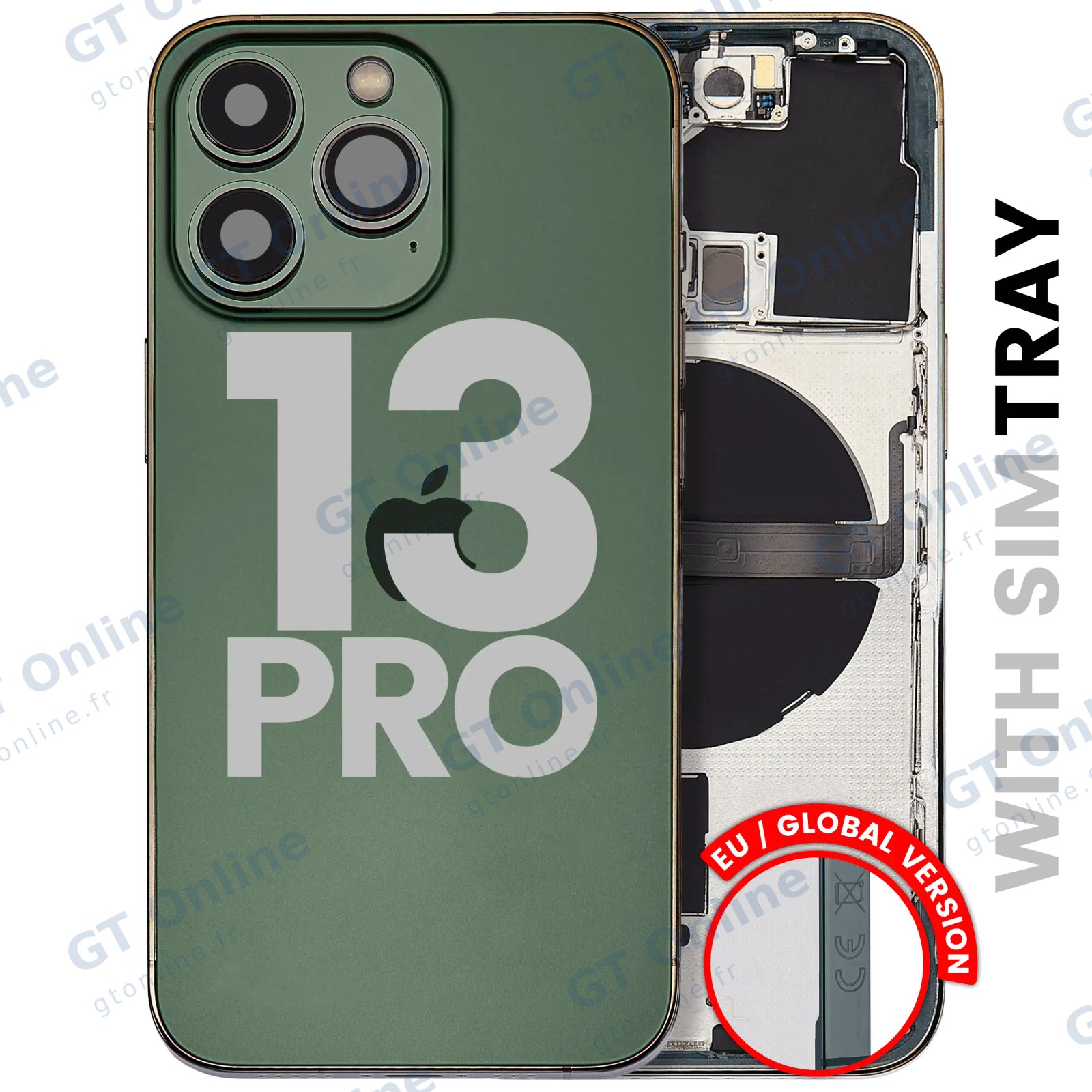 Châssis pour Apple iPhone 13 Pro (version EU, origine d'occasion — grade A, Alpine Green) — Coque arrière avec petites pièces