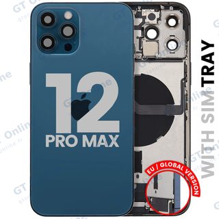 Châssis pour Apple iPhone 12 Pro Max (version EU, origine d'occasion — grade B, Pacific Blue) — Coque arrière avec connecteur de charge Flex et petites pièces