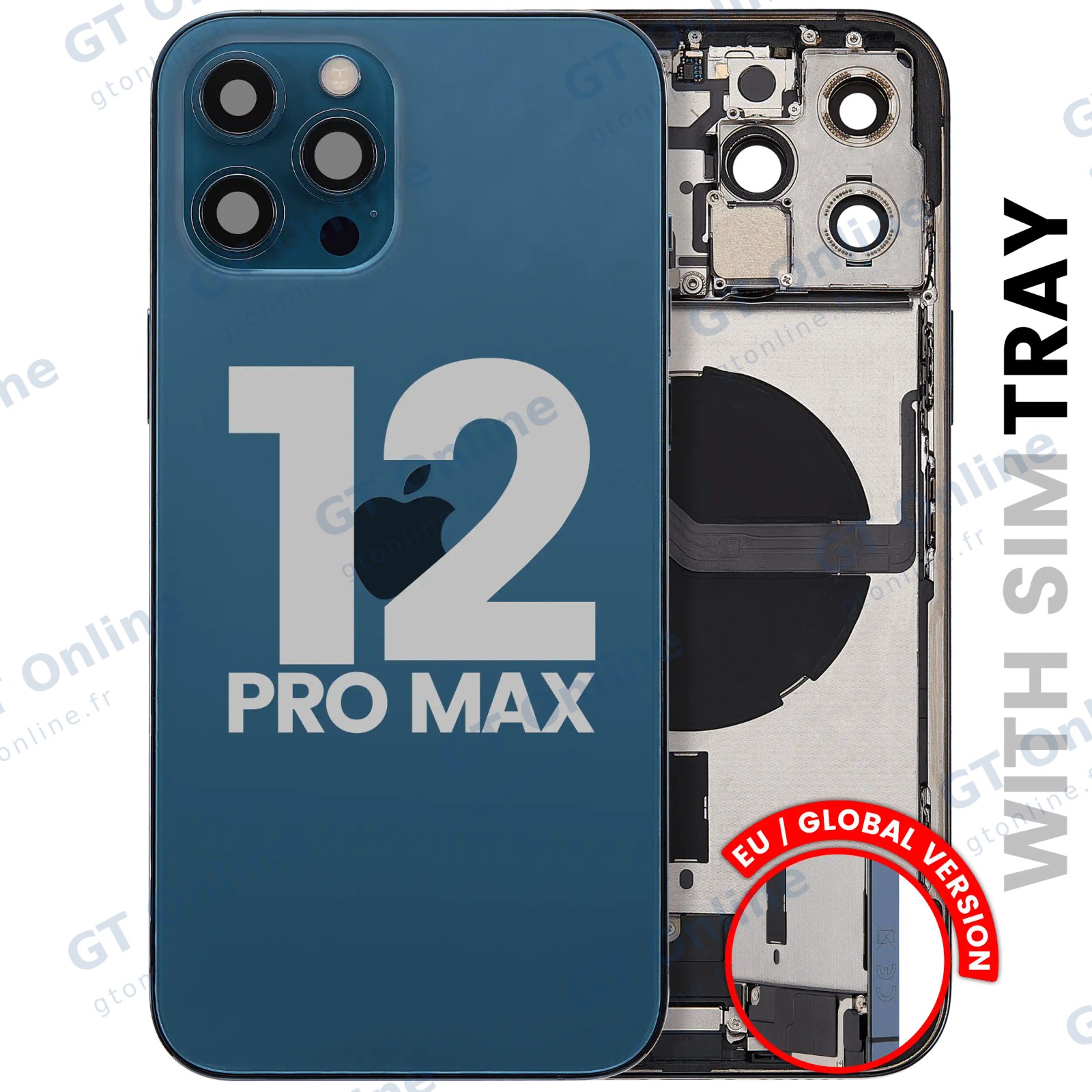 Châssis pour Apple iPhone 12 Pro Max (version EU, origine d'occasion — grade B, Pacific Blue) — Coque arrière avec connecteur de charge Flex et petites pièces