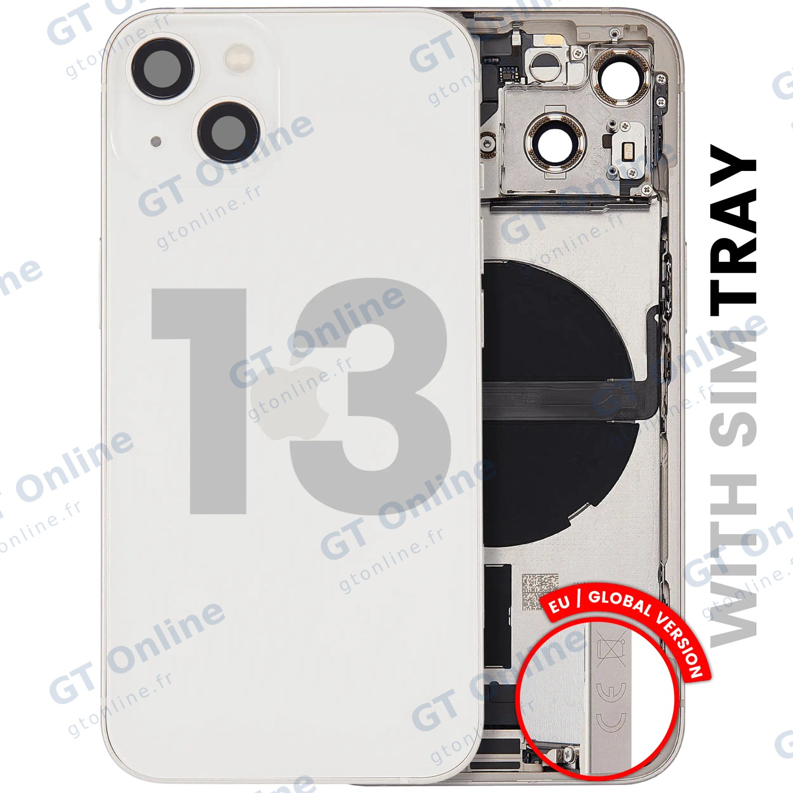 Châssis pour Apple iPhone 13 (version EU, origine d'occasion — grade A, lumière stellaire) — Coque arrière avec connecteur de charge Flex et petites pièces