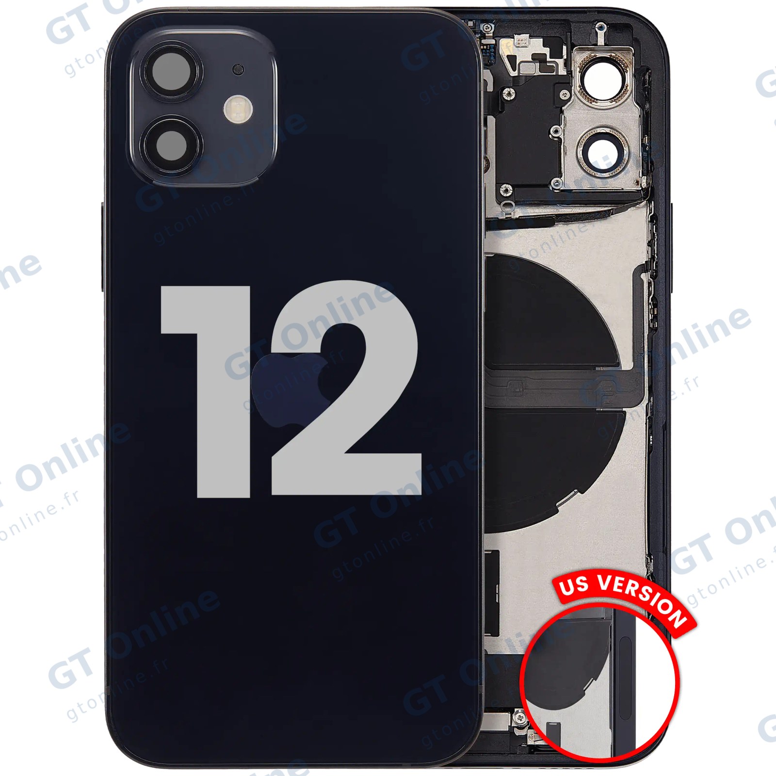 Châssis avec nappe de charge et petits composants pour Apple iPhone 12 (version US, origine d'occasion — grade A, noir)