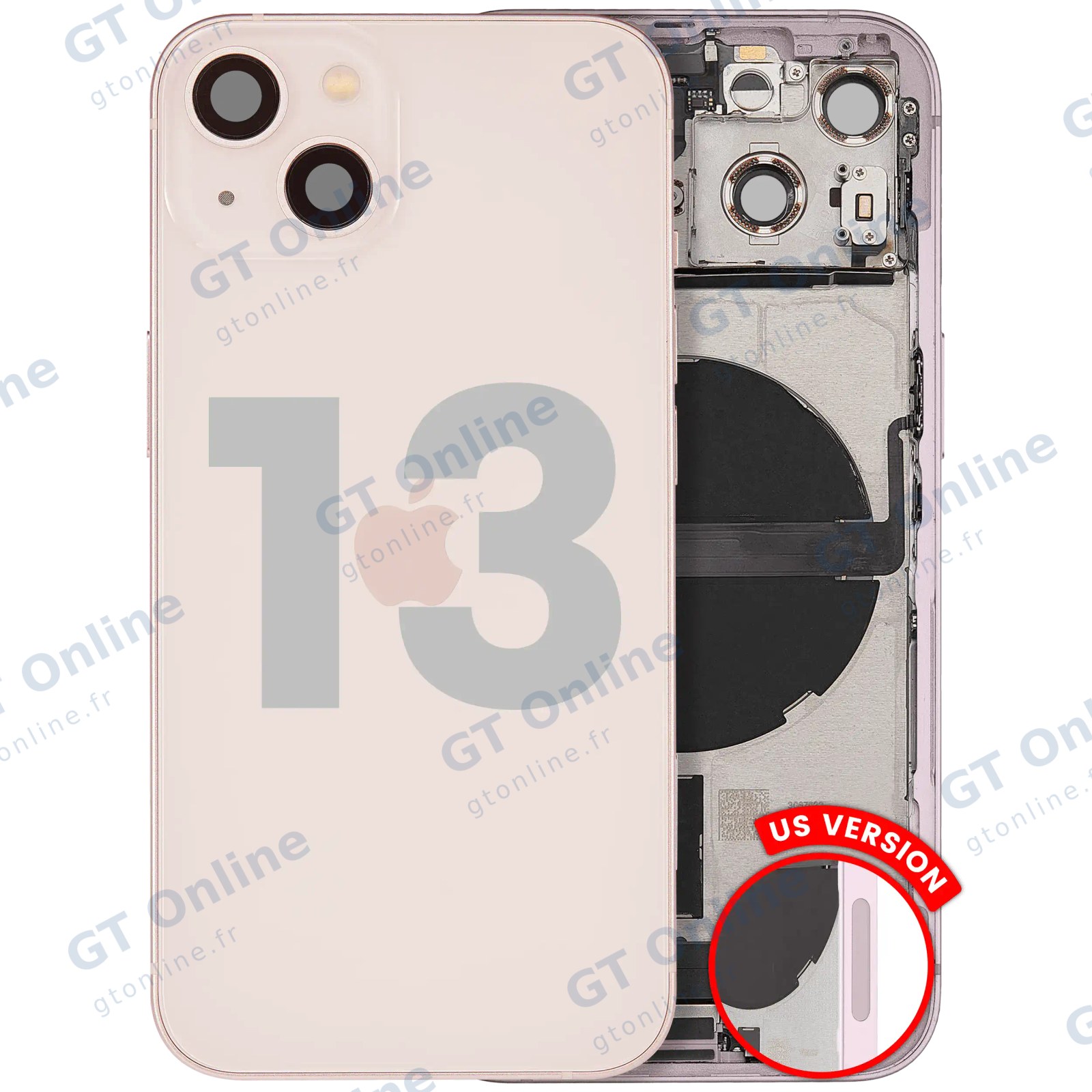 Châssis pour Apple iPhone 13 (version US, origine d'occasion — grade A, rose) — Coque arrière avec connecteur de charge Flex et petites pièces
