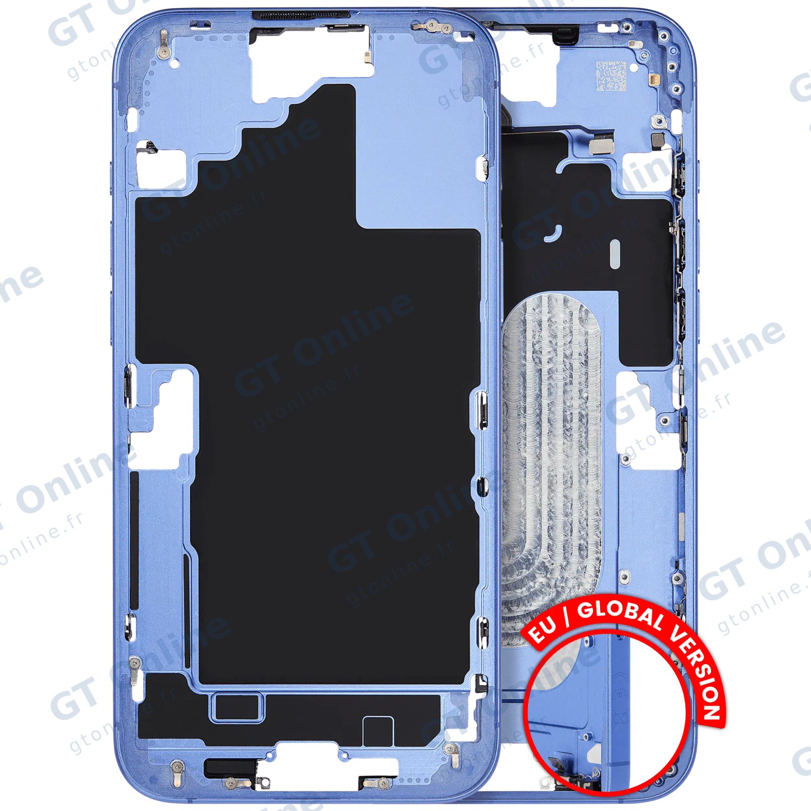 Châssis pour Apple iPhone 16 Plus (version EU, origine d'occasion — grade B, bleu outremer) — Châssis central avec petites pièces