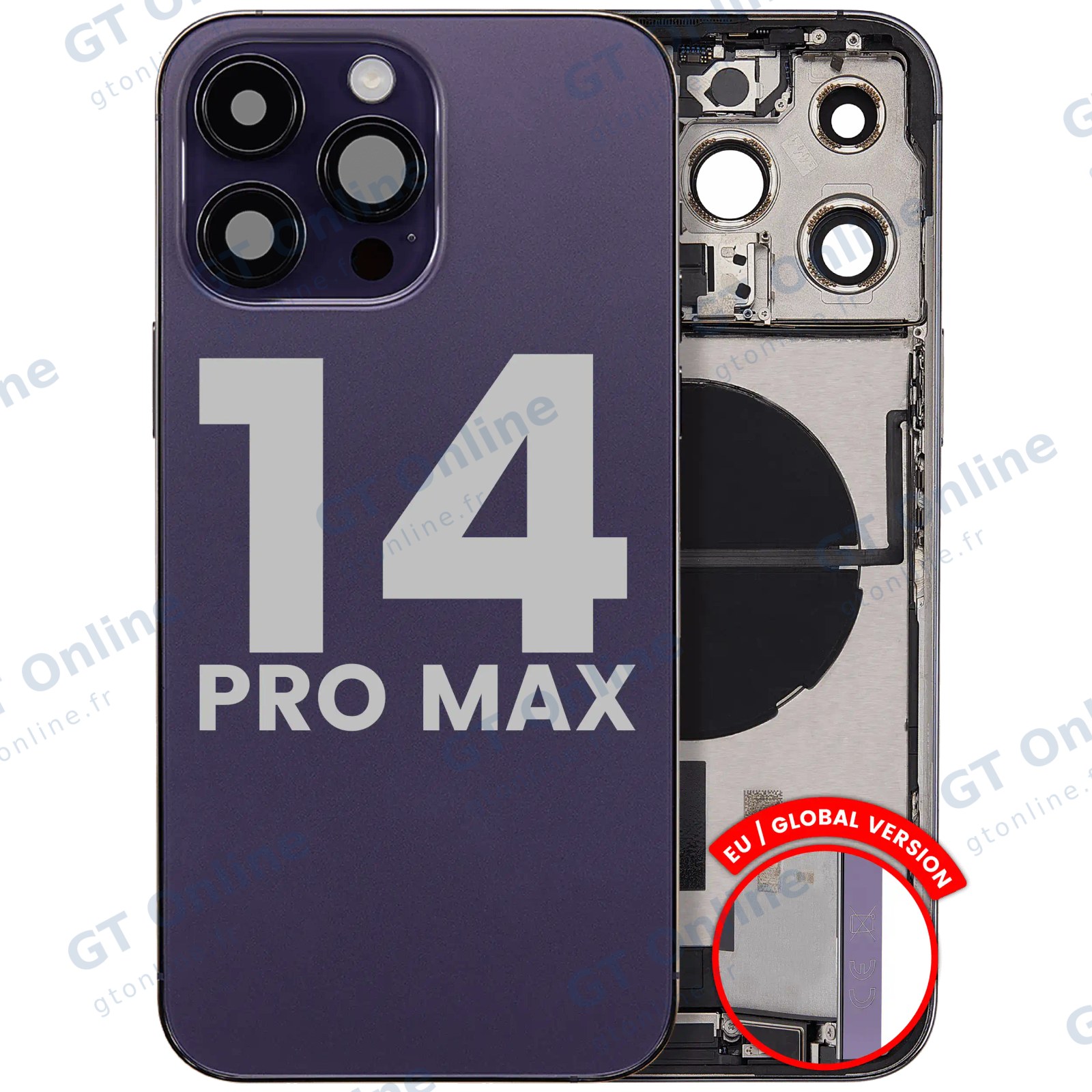 Châssis pour Apple iPhone 14 Pro Max (version EU, origine d'occasion — grade A, Deep Purple) — Coque arrière avec connecteur de charge Flex et petites pièces