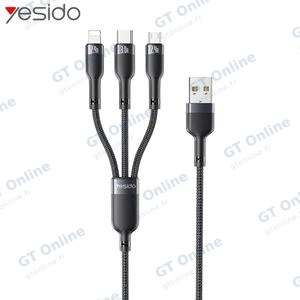 Câble Data Multi USB vers Type-C + MicroUSB + Lightning Yesido CA91 (1m) Noir