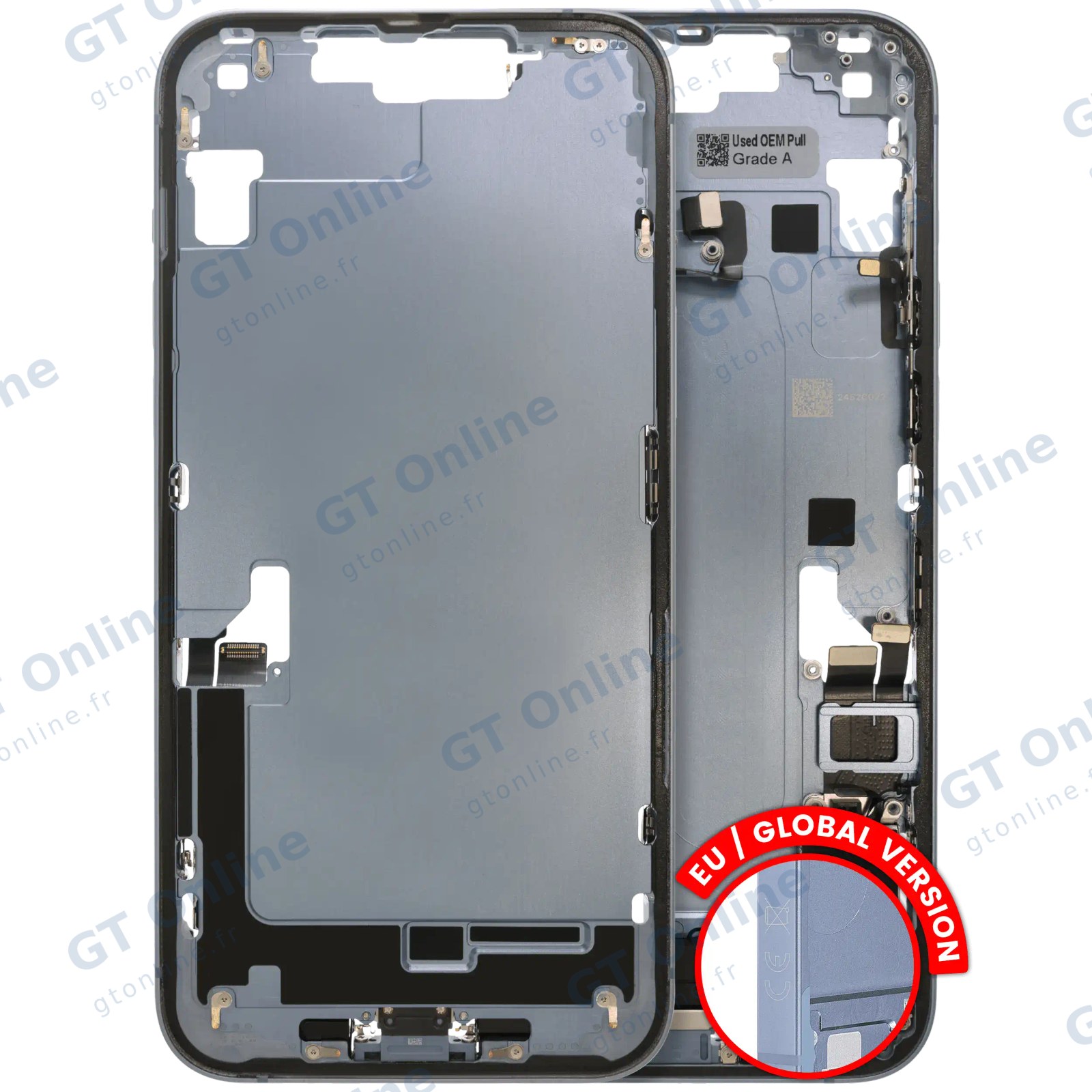 Châssis pour Apple iPhone 14 Plus (version EU, origine d'occasion — grade B, bleu) — Châssis central avec connecteur de charge Flex et petites pièces