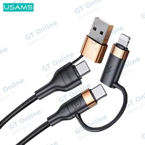 Câble Data Multi Usams US-SJ483 U62 USB + Type-C vers Type-C + Lightning PD 3A (1.2m) Noir