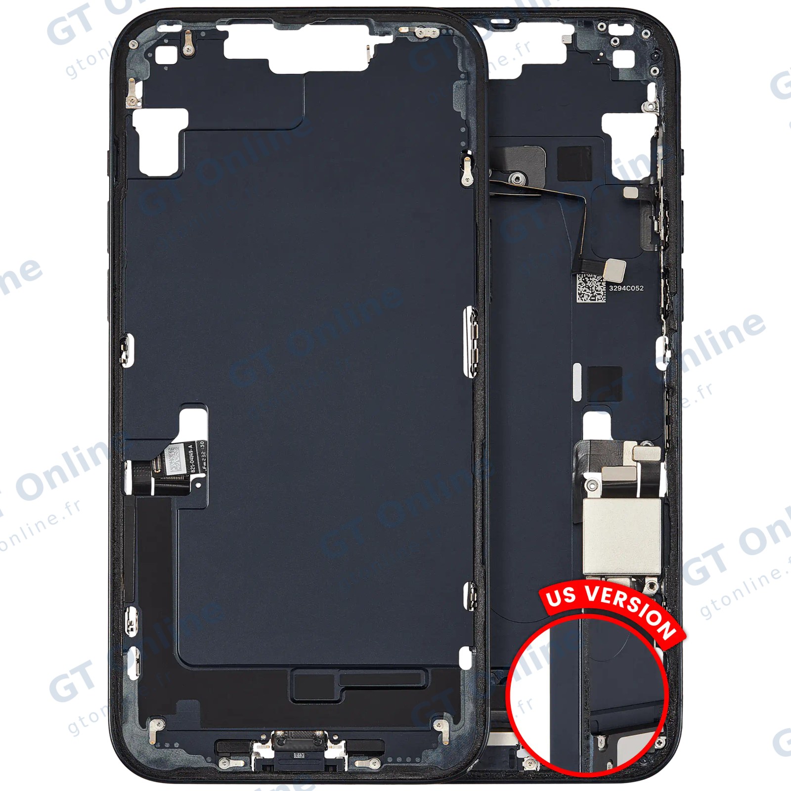 Châssis pour Apple iPhone 14 Plus (version US, origine d'occasion — grade A, minuit) — Châssis central avec connecteur de charge Flex et petites pièces