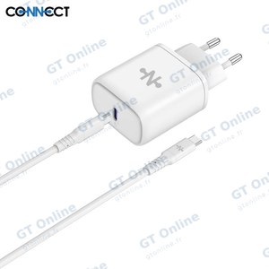 Chargeur Secteur USB-C CONNECT Charge Rapide 25W avec Câble Data Type-C vers Type-C (1m) Blanc