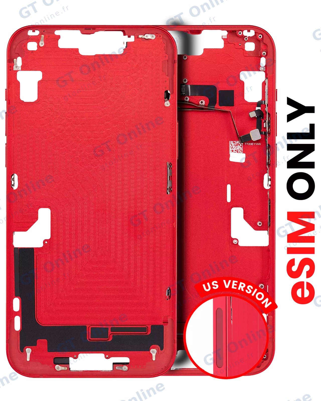 Châssis avec petits composants pour Apple iPhone 14 (version US, eSIM uniquement, compatible, rouge)