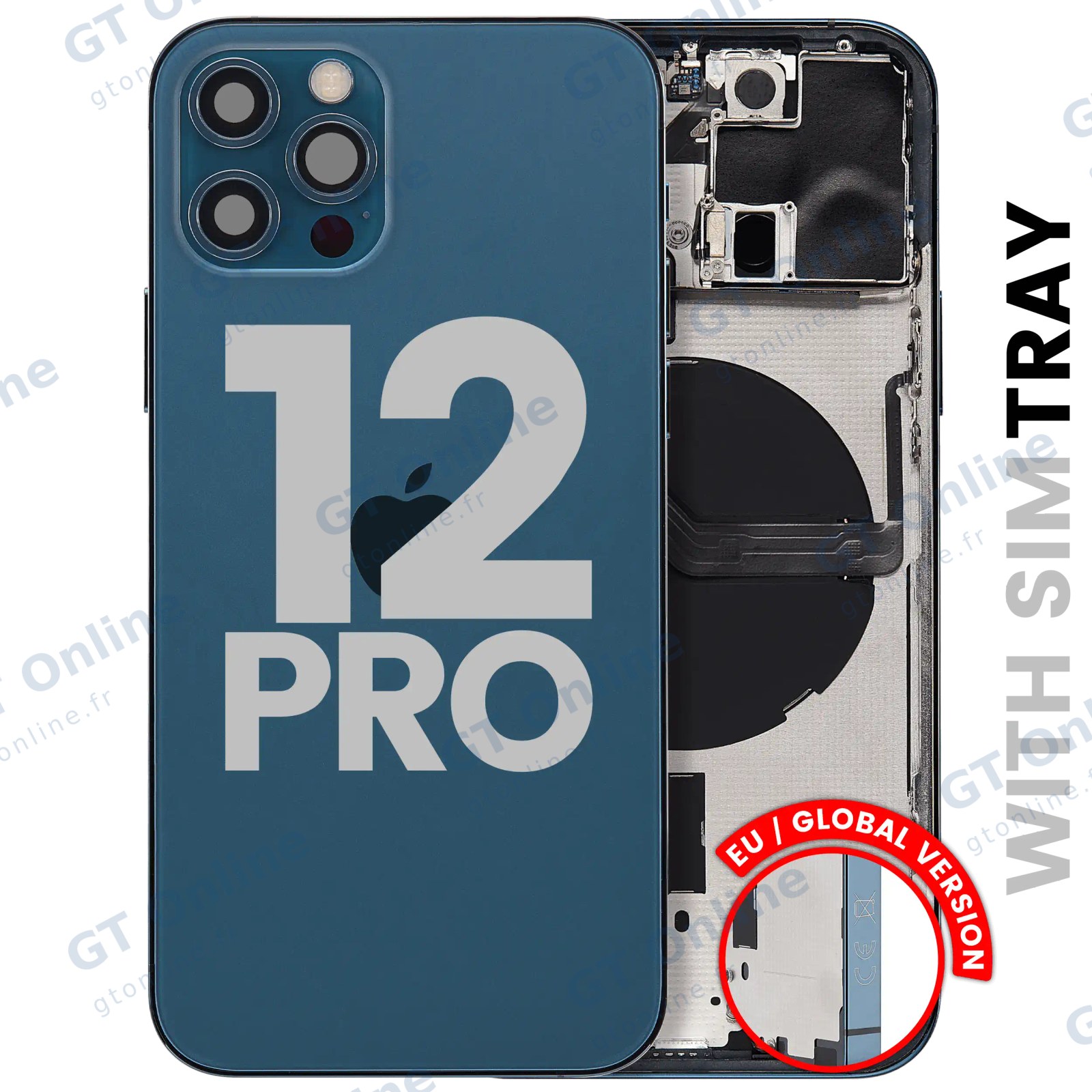 Châssis pour Apple iPhone 12 Pro (version EU, origine d'occasion — grade B, Pacific Blue) — Coque arrière avec petites pièces