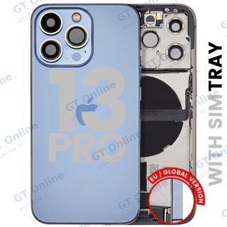Châssis pour Apple iPhone 13 Pro (version EU, origine d'occasion — grade A, Sierra Blue) — Coque arrière avec connecteur de charge Flex et petites pièces