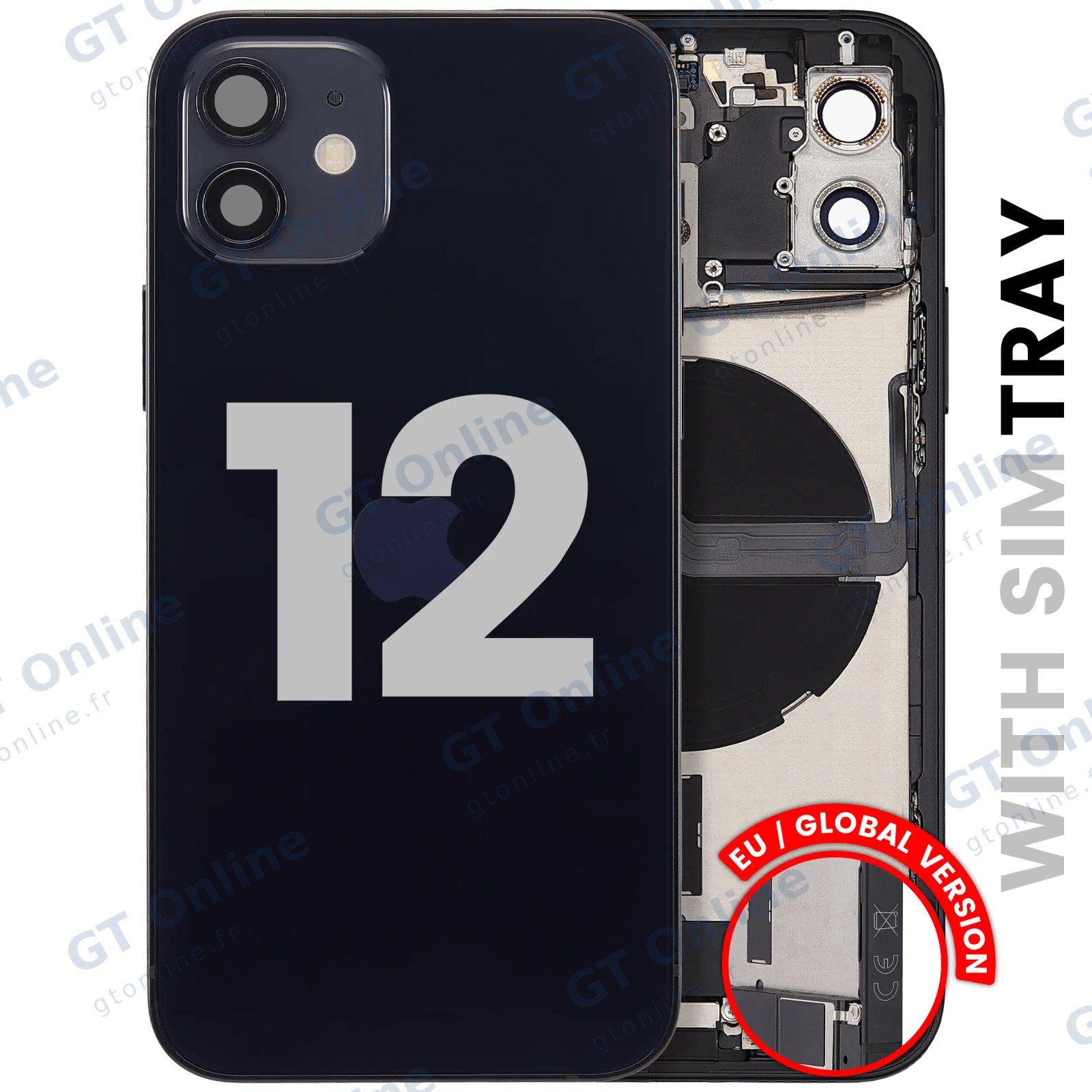 Châssis avec nappe de charge et petits composants pour Apple iPhone 12 (version EU, origine d'occasion — grade A, noir)