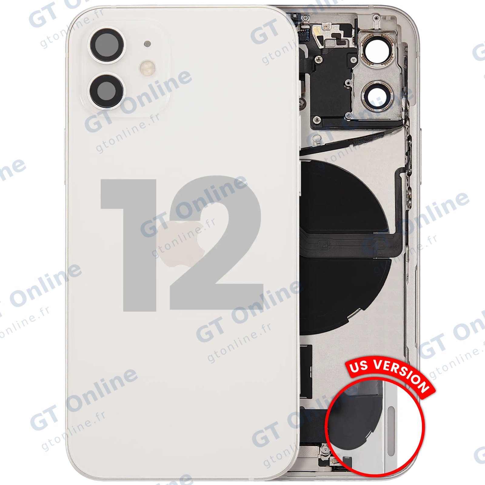 Châssis avec nappe de charge et petits composants pour Apple iPhone 12 (version US, origine d'occasion — grade B, blanc)