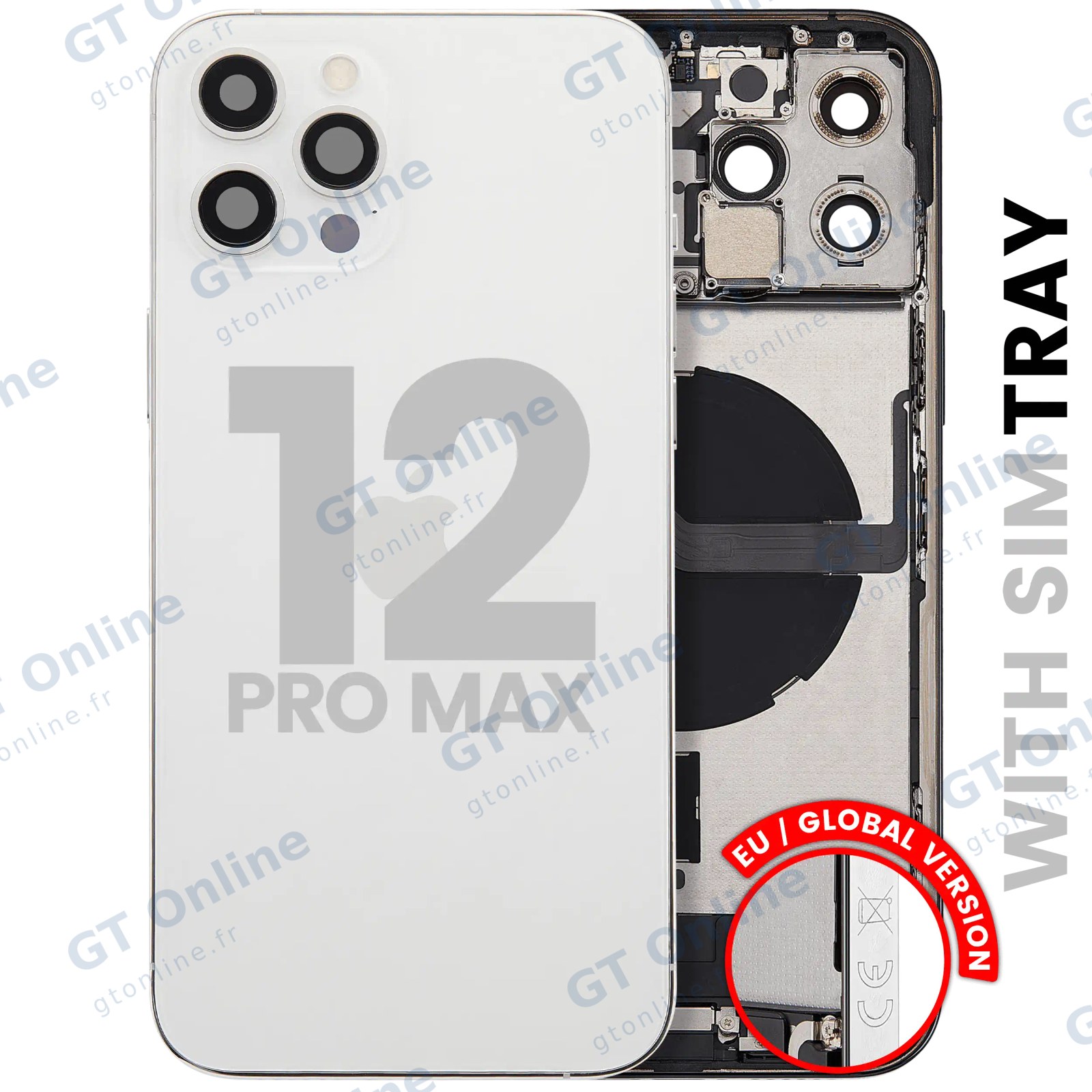 Châssis pour Apple iPhone 12 Pro Max (version EU, origine d'occasion — grade B, argent) — Coque arrière avec connecteur de charge Flex et petites pièces