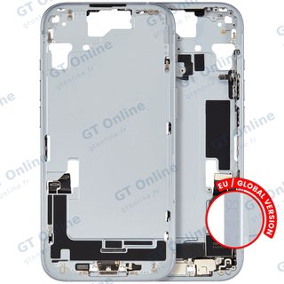 Châssis pour Apple iPhone 15 (version EU, origine d'occasion — grade A, bleu) — Châssis central avec connecteur de charge Flex et petites pièces