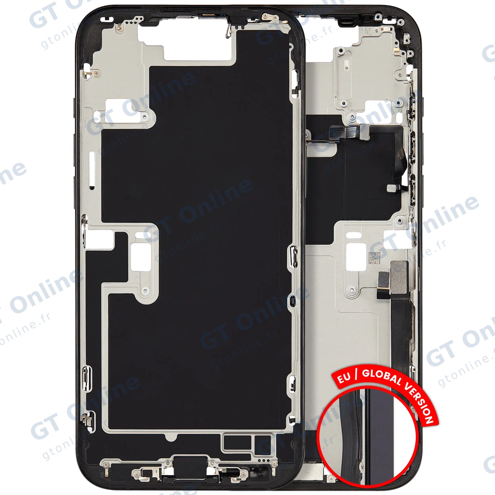 Châssis pour Apple iPhone 16 Pro Max (version EU, origine d'occasion — grade A, titane noir) — Châssis central avec connecteur de charge Flex et petites pièces