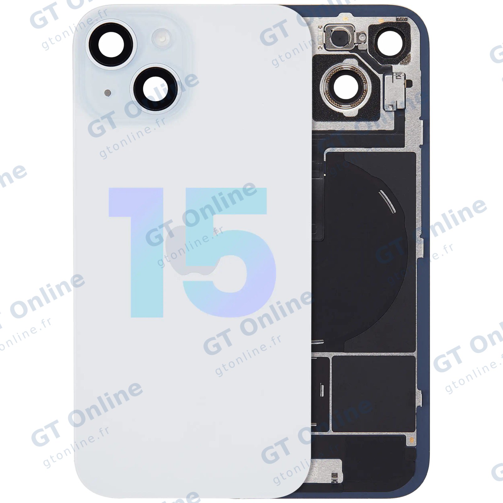Vitre arrière avec MagSafe, NFC et nappe flash pour Apple iPhone 15 (pack service origine, bleu)