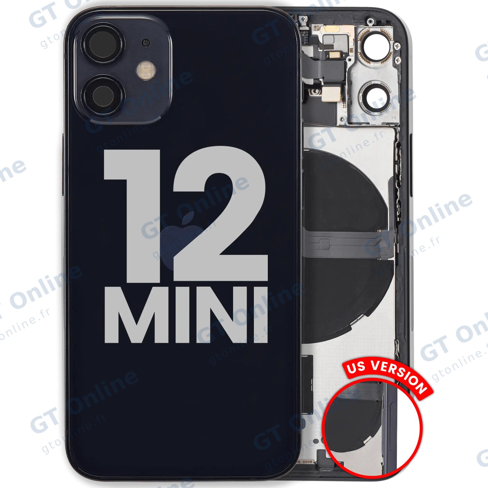 Châssis pour Apple iPhone 12 Mini (version US, origine d'occasion — grade A, noir) — Coque arrière avec petites pièces