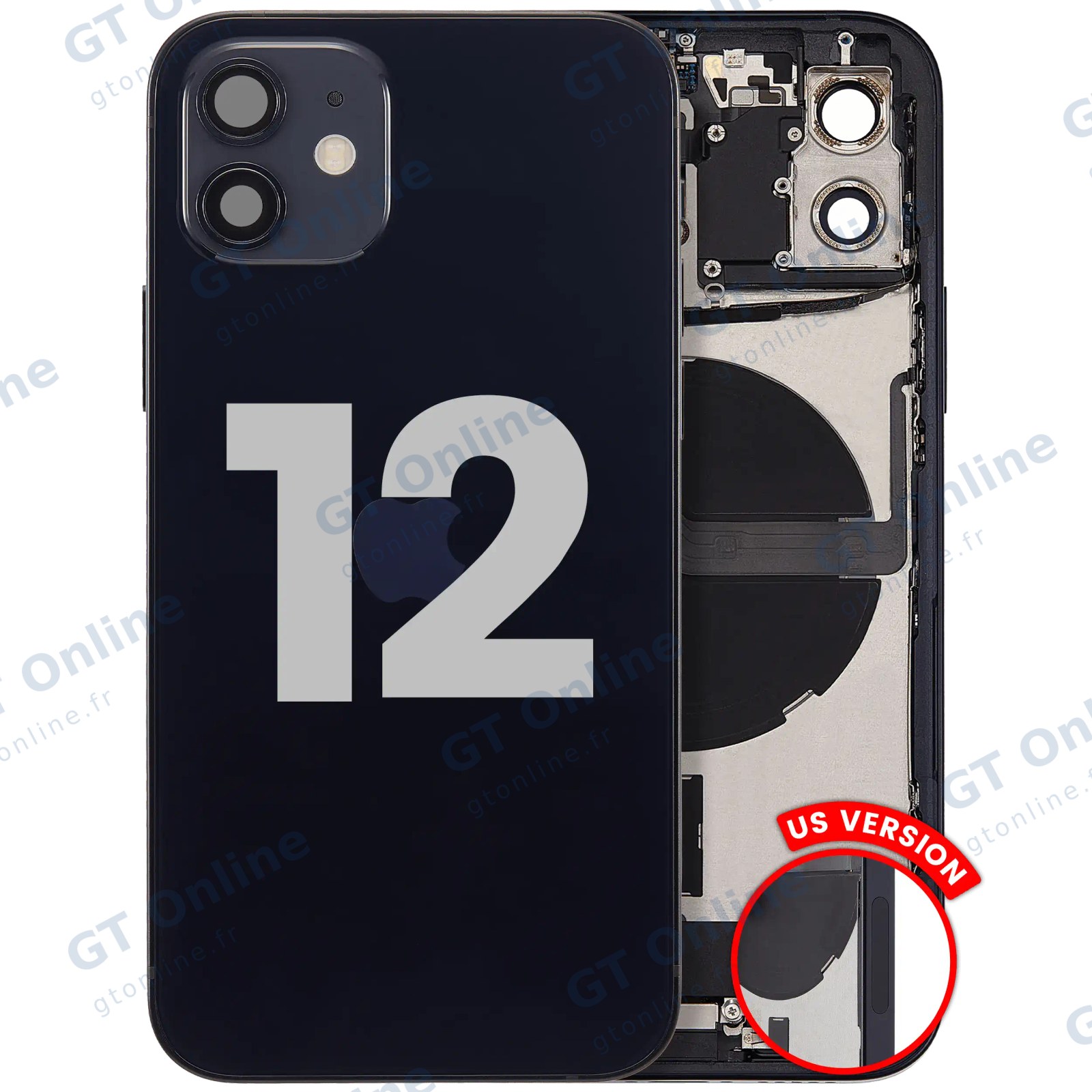 Châssis avec nappe de charge et petits composants pour Apple iPhone 12 (version US, origine d'occasion — grade B, noir)