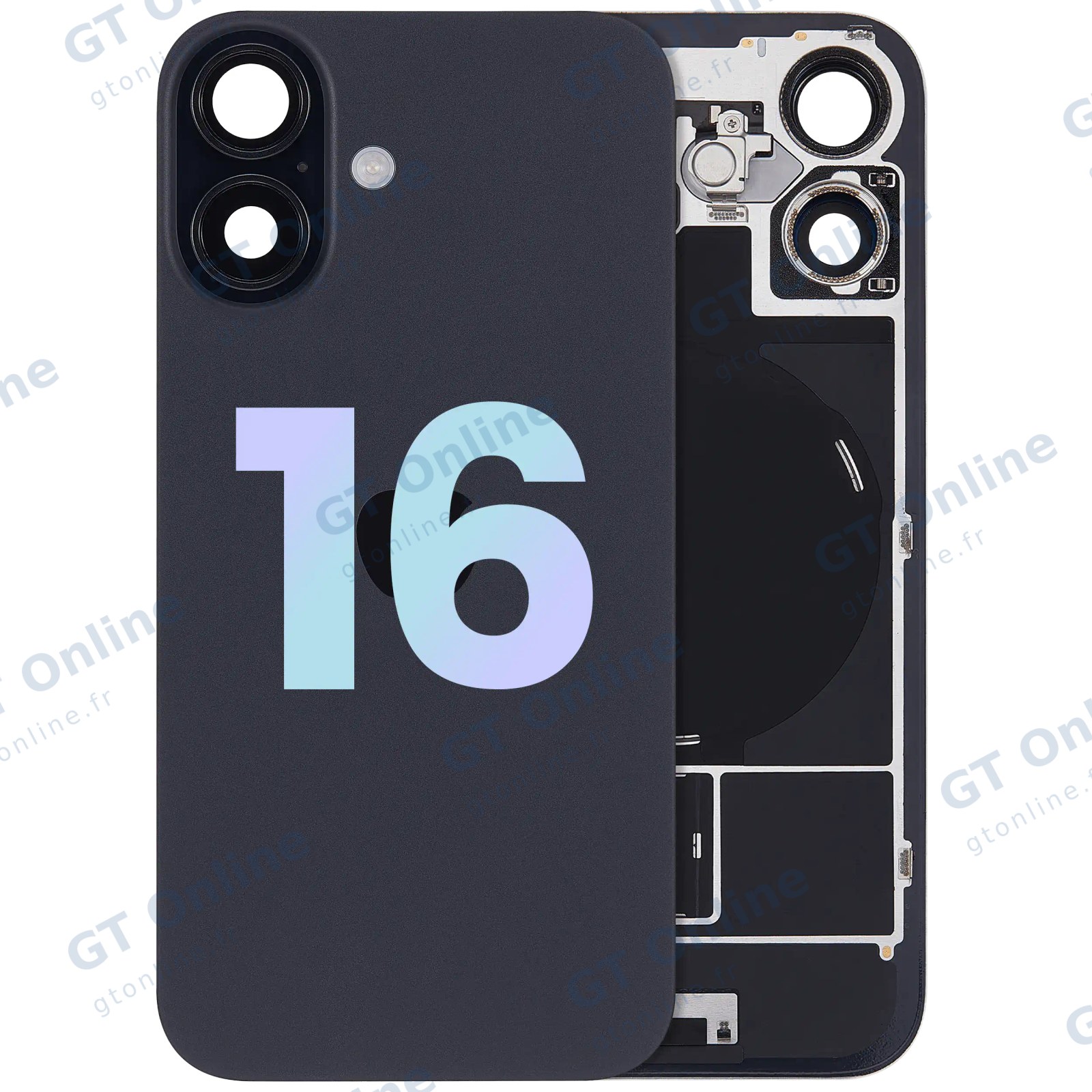 Vitre arrière avec MagSafe, NFC et nappe flash pour Apple iPhone 16 (pack service origine, noir)