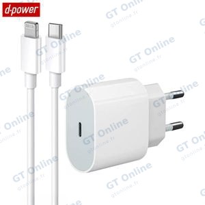 Chargeur Secteur USB-C d-power J8542 20W avec Câble Data Type-C vers Lightning (1m) Blanc