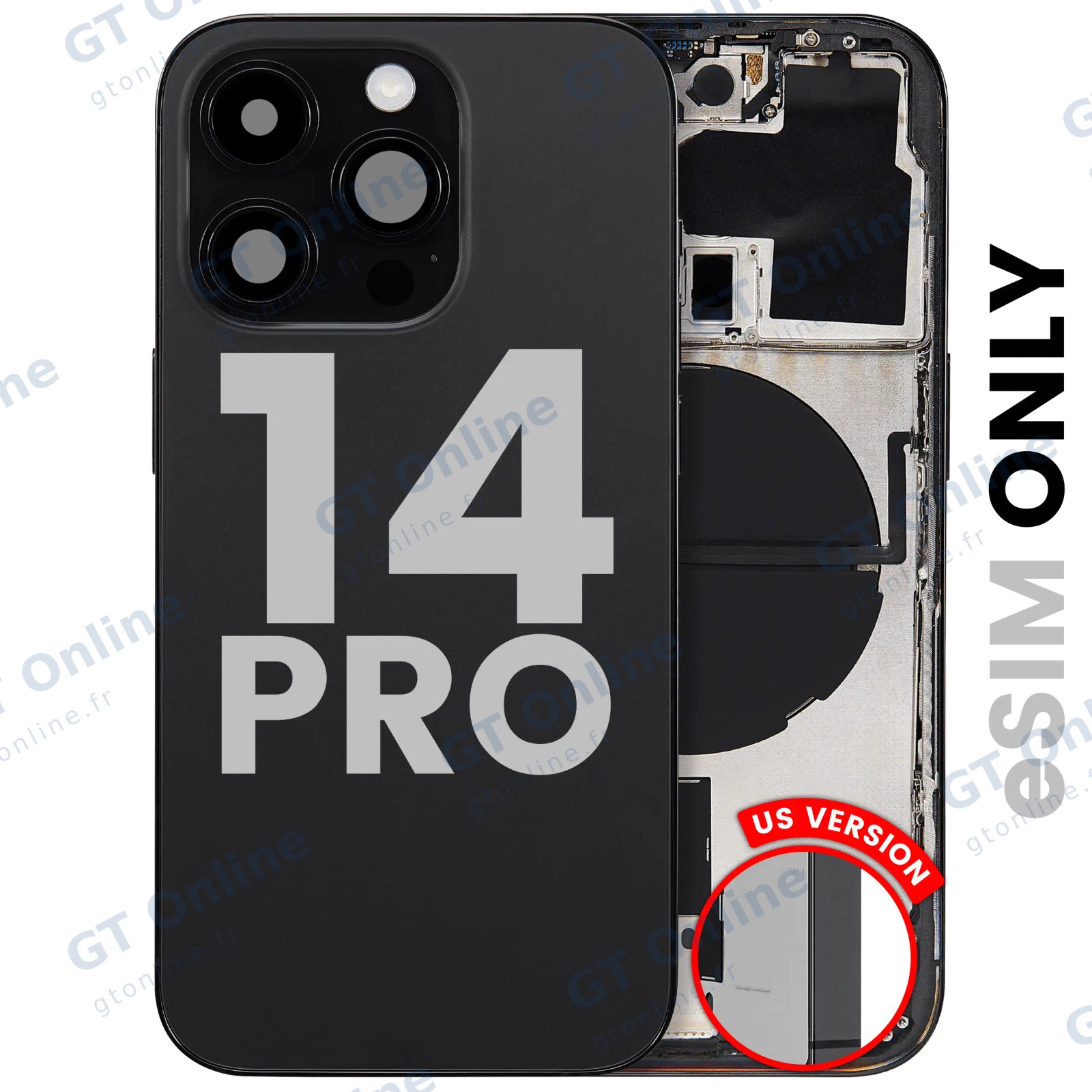 Châssis pour Apple iPhone 14 Pro (version US, origine d'occasion — grade A, noir sidéral) — Coque arrière avec petites pièces
