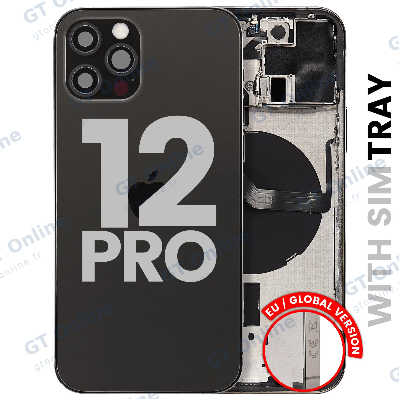 Châssis pour Apple iPhone 12 Pro (version EU, origine d'occasion — grade B, graphite) — Coque arrière avec petites pièces — vue 1