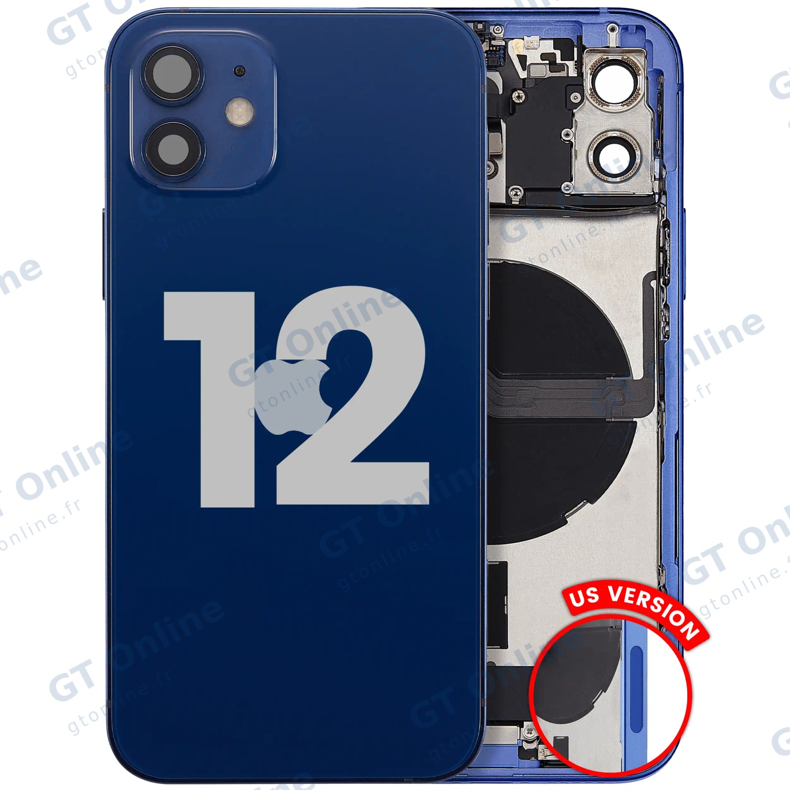 Châssis avec nappe de charge et petits composants pour Apple iPhone 12 (version US, origine d'occasion — grade B, bleu)