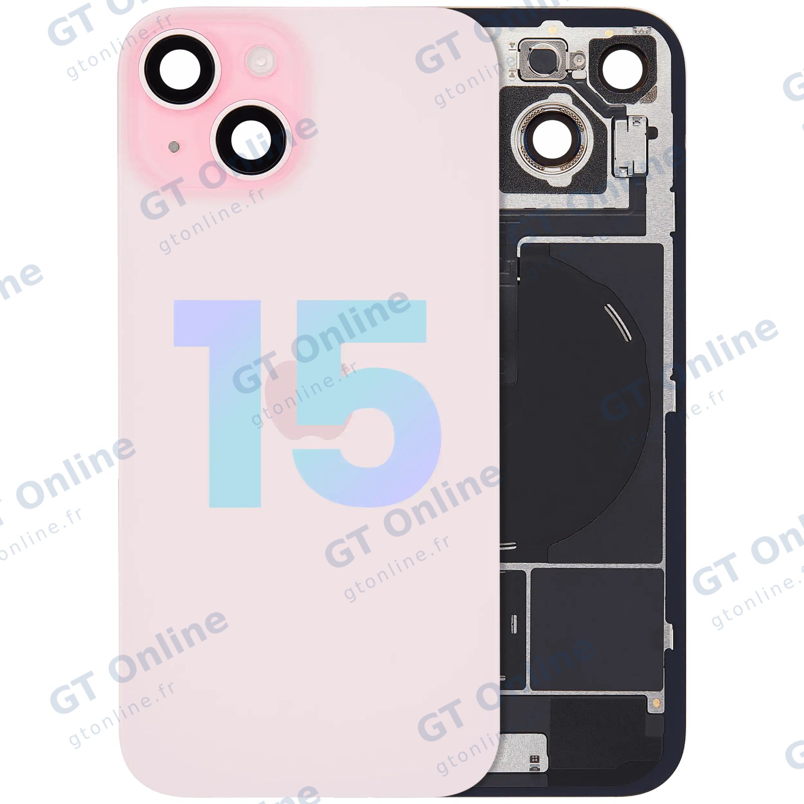Vitre arrière avec MagSafe, NFC et nappe flash pour Apple iPhone 15 (pack service origine, rose)